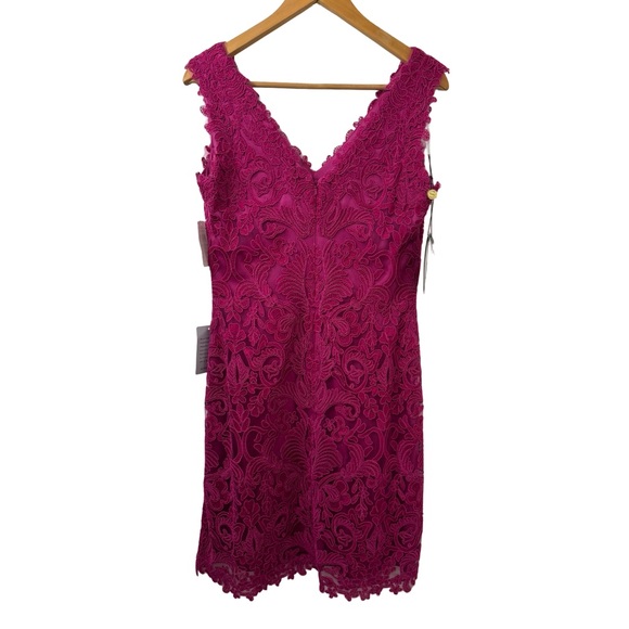 NWT Tadashi Shoji Corded Lace V-Neck Tulle Sheath Dress Rosette Pink Woman’s 8 - Picture 4 of 7